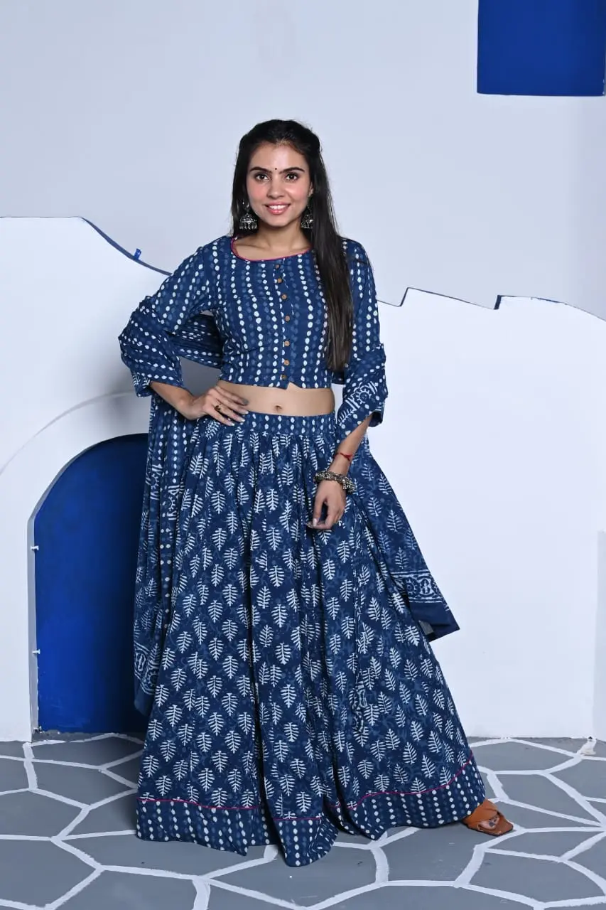 Designer Top Skirt with Mulmul Dupatta Women Ethnic Top Skirt Dupatta Set Cotton Printed Lehenga Choli Set With Dupatta