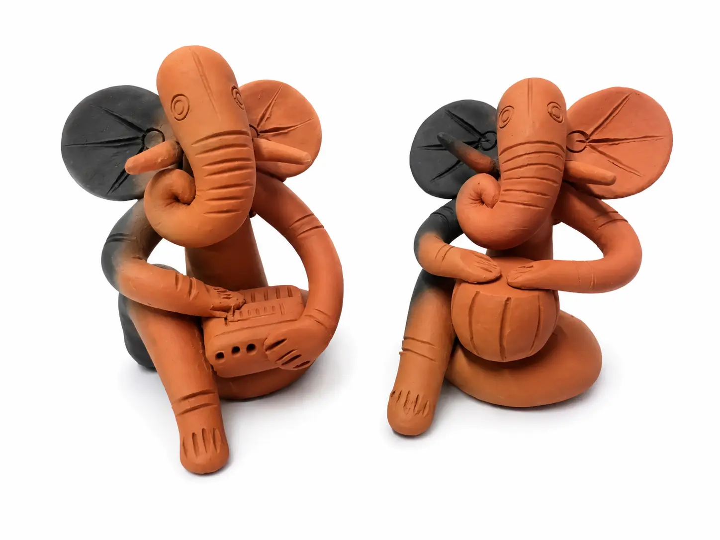 Ganesha with Musical Instrument Idol Made with Natural Terracotta Clay |Terracotta Clay Ganesha Handmade with Natural Clay Comes in Natural Color (Ganesha Playing dram)set 2