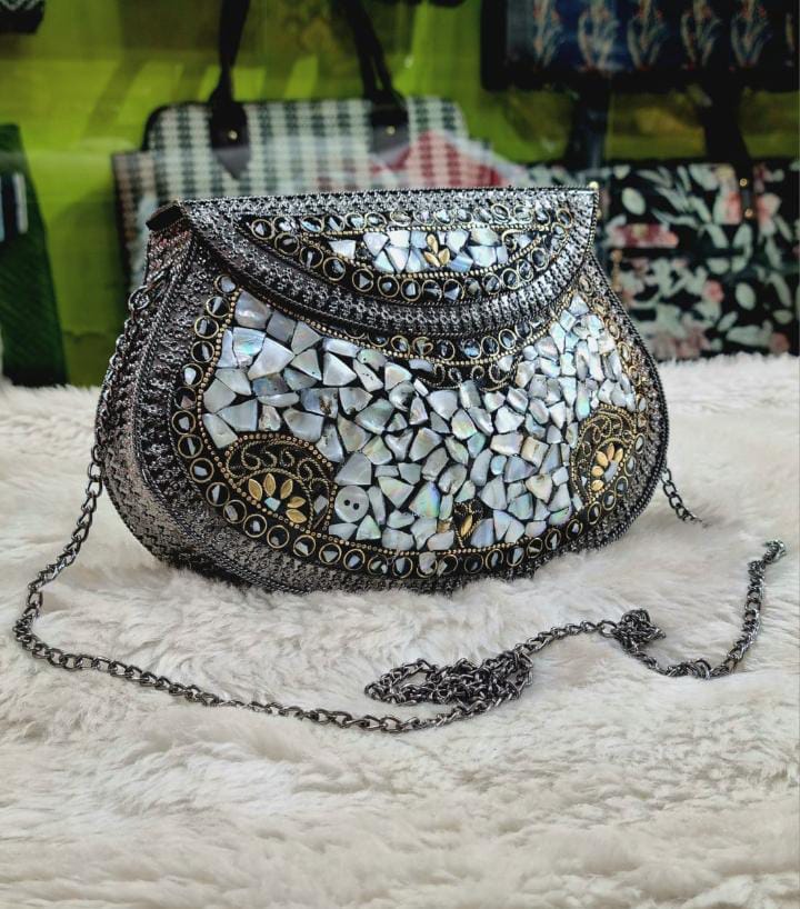 ANTIQUE INDIAN ART HANDMADE STONE MOSAIC METAL WOMEN BAG STONE SLING BAG CLUTCH BAG FOR WOMEN Handmade Stone Mosaic Bag Antique Indian Sling Bag Women Clutch Bag for Weddings