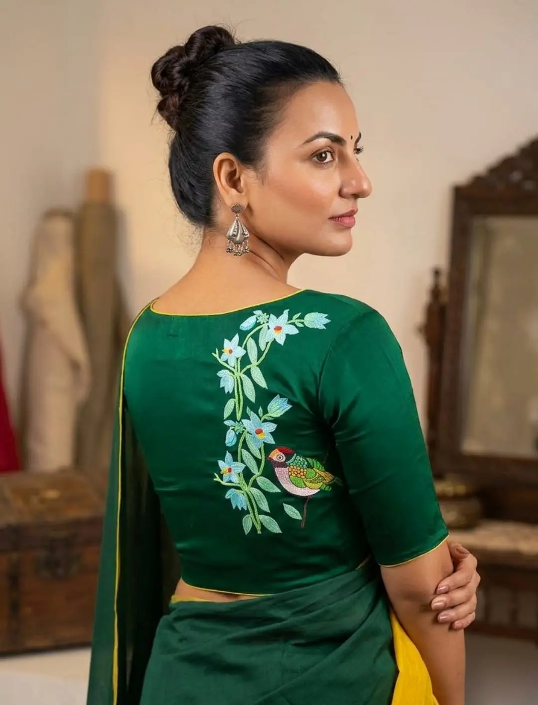 Embroidered blouse | Ethnic wear women |   green saree blouse | Designer boat neck saree blouse with hand-painted effect work. | Traditional indian green blouse embroidery work for women | 