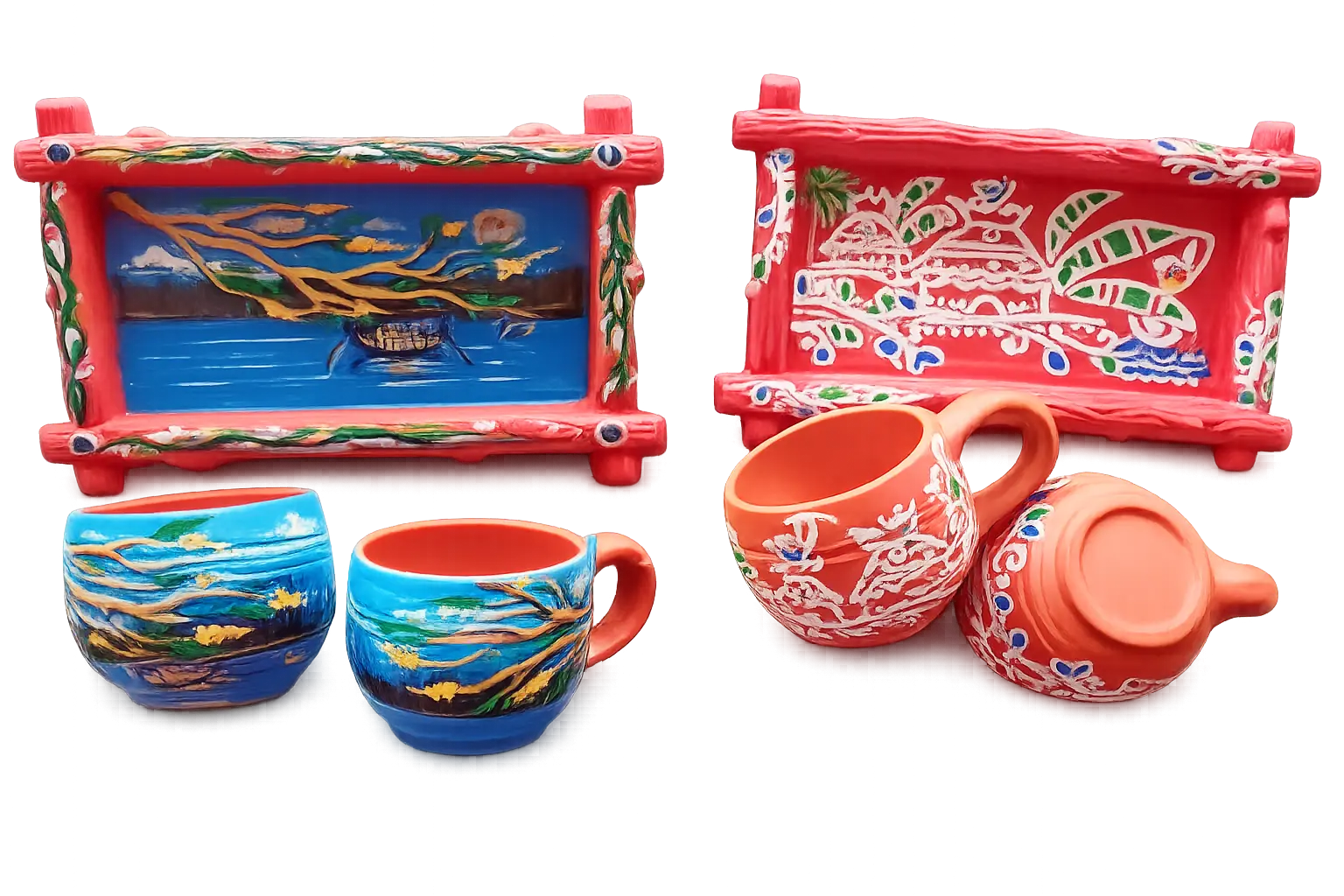 Indian terracotta hand printed cup with tray for home and kitchen | hand made clay cup and tray | unique design cup with tray | terracotta clay product for kitchen