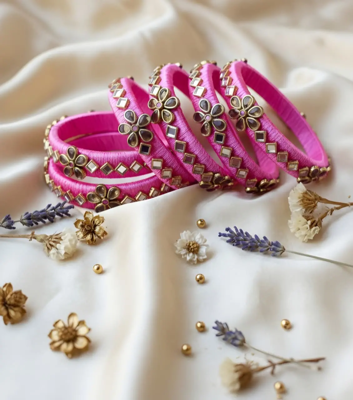 Pink colour thread design bangles | hand made bangles | weeding bangles | traditional bangles for festive wear | ethnic gold-plated jewelry | lightweight bangles for daily wear | affordable wedding accessories