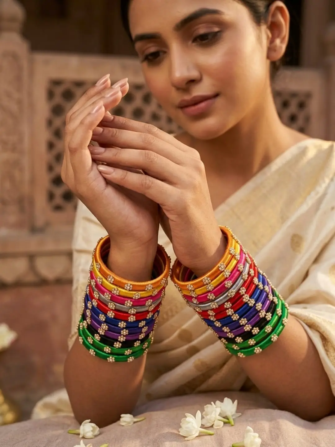 Handmade Jewelry | Eco-friendly handmade jewelry | Artisan crafted | Multicolor silk thread bangles with floral stone work |