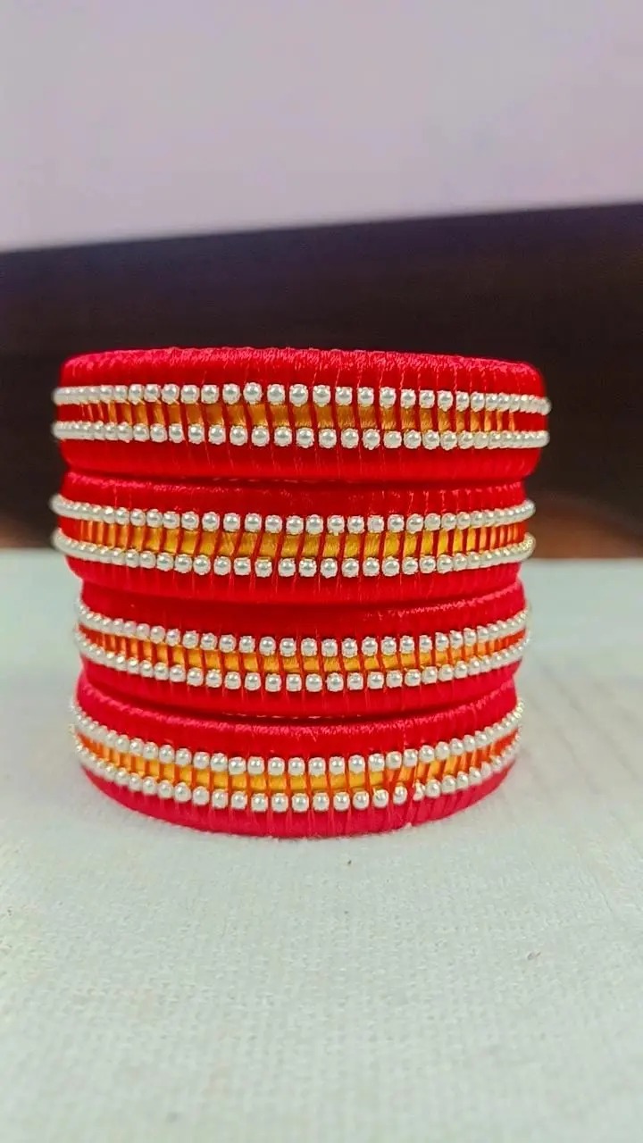 Red Silk Thread Bangles | Handmade Bangles for Women | handmade bangles | handmade red silk thread bangles with stone work for women |