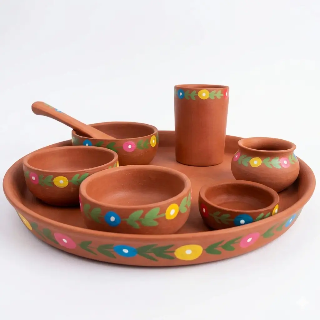 Modern Terracotta Dinner Set | Grey Clay Dinnerware | Hand-Painted Indian Thali Set | Designer Matir Dinner Set | Authentic Handmade Crockery | Unique Clay Plates and Bowls