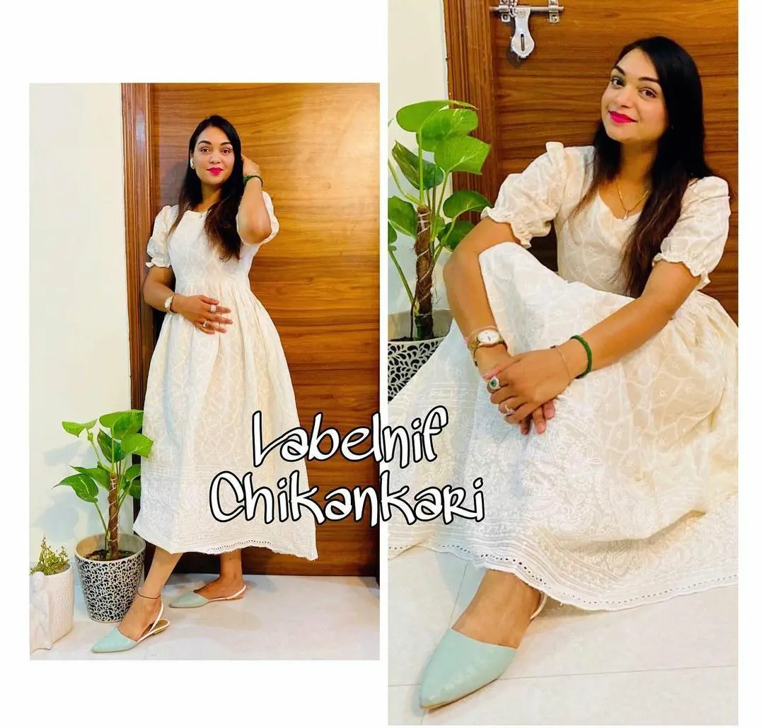 A summer respite Off white luckhnawi chikankari cotton silhouette dress with swarovski sequin hanwork and cotton lining attached inside | Gown and Kurti | luckhnawi chikankari cotton silhouette dress