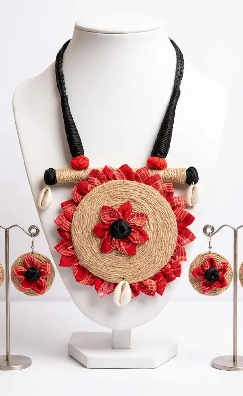 Handmade Jewelry | Handicraft Necklace |Traditional Bengali Jewelry | Handmade Jute and Fabric Jewelry for Saree | Eco-Friendly Handmade Accessories |