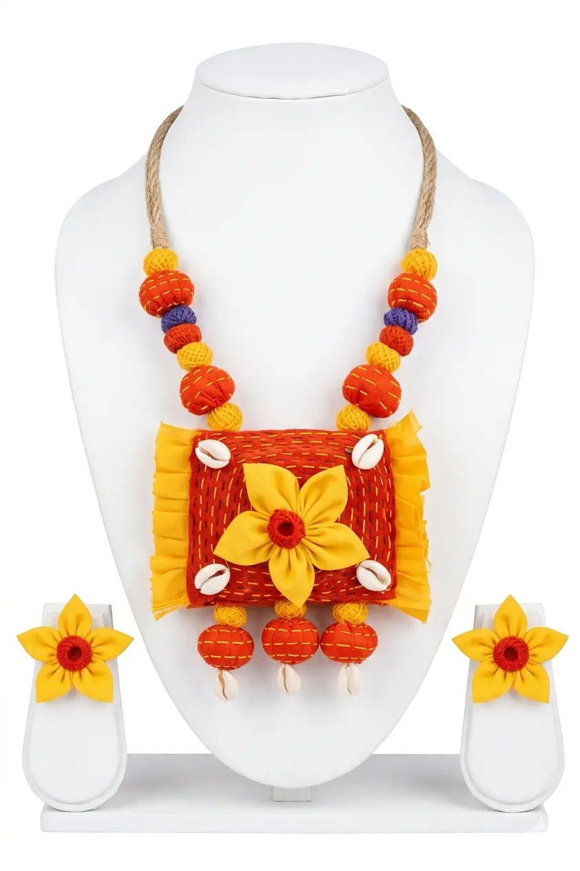 Handmade Jewelry | women's handmade jewellery set | Cloth jewelry Set | handmade jewellery necklace | Yellow Ethnic jewelry Set For Haldi | Traditional Bengali Handmade Necklace |
