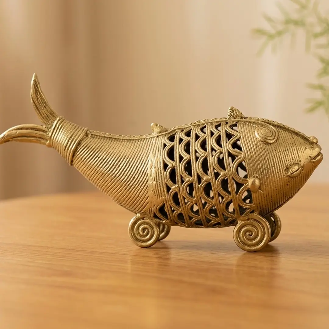 Dokra Art | Dokra Metal Craft | Dhokra Metal Casting Art | Indian Tribal Home Decor | Traditional West Bengal Dhokra Art Fish Statue | Tribal Brass Fish Statue for Living Room | 