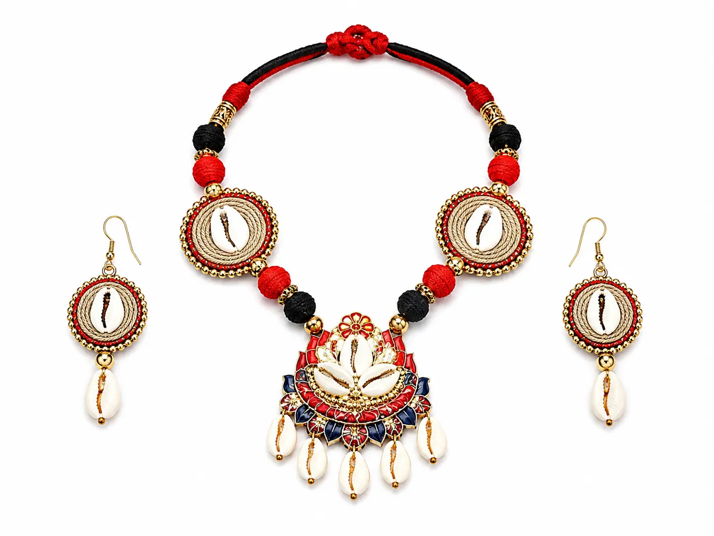     jewellery set | Handcrafted Jewelry | Cowrie Shell Earrings | Traditional Bengali Jewelry | Handmade cowrie shell necklace with jute work | 