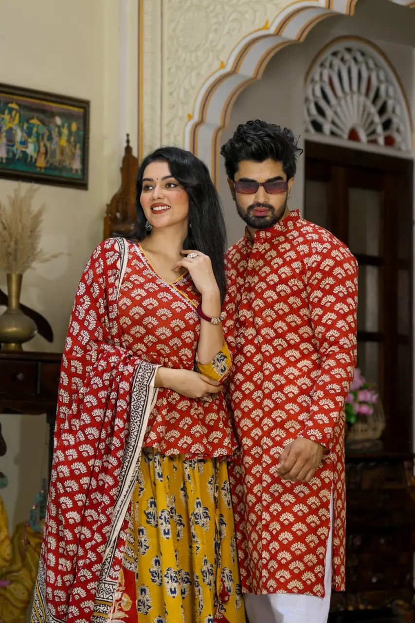 couple matching dress | couple kurta lehenga set | couple matching outfits for wedding |red printed kurta for men |