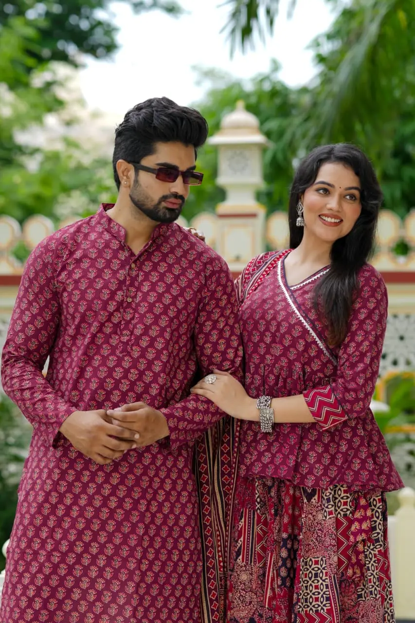 couple matching outfit | matching clothes for couples | maroon ethnic couple set | wedding matching dress couple | kurti lehenga set kolkata | 