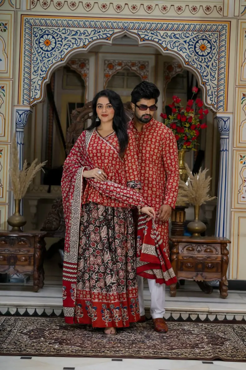 Handblock Print Couple Wear | Red Ajrakh Print Couple Combo| Choli & Kurta Payzama|bengali couple ethnic dress| Pur handloom Couple dress | 