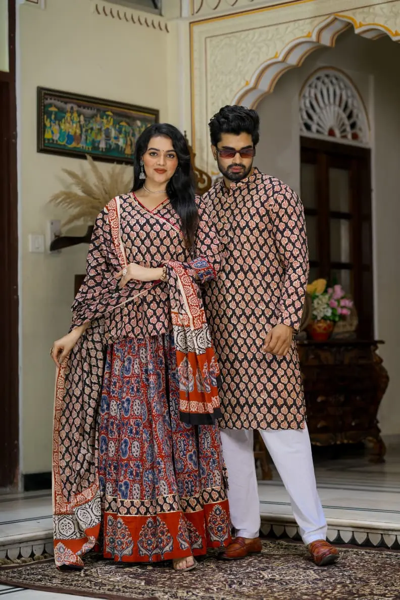 Ajrakh Couple Set, Cotton Lehenga Choli, Men's Kurta Pyjama | men printed kurta pajama | wedding matching dress couple | couple dress |