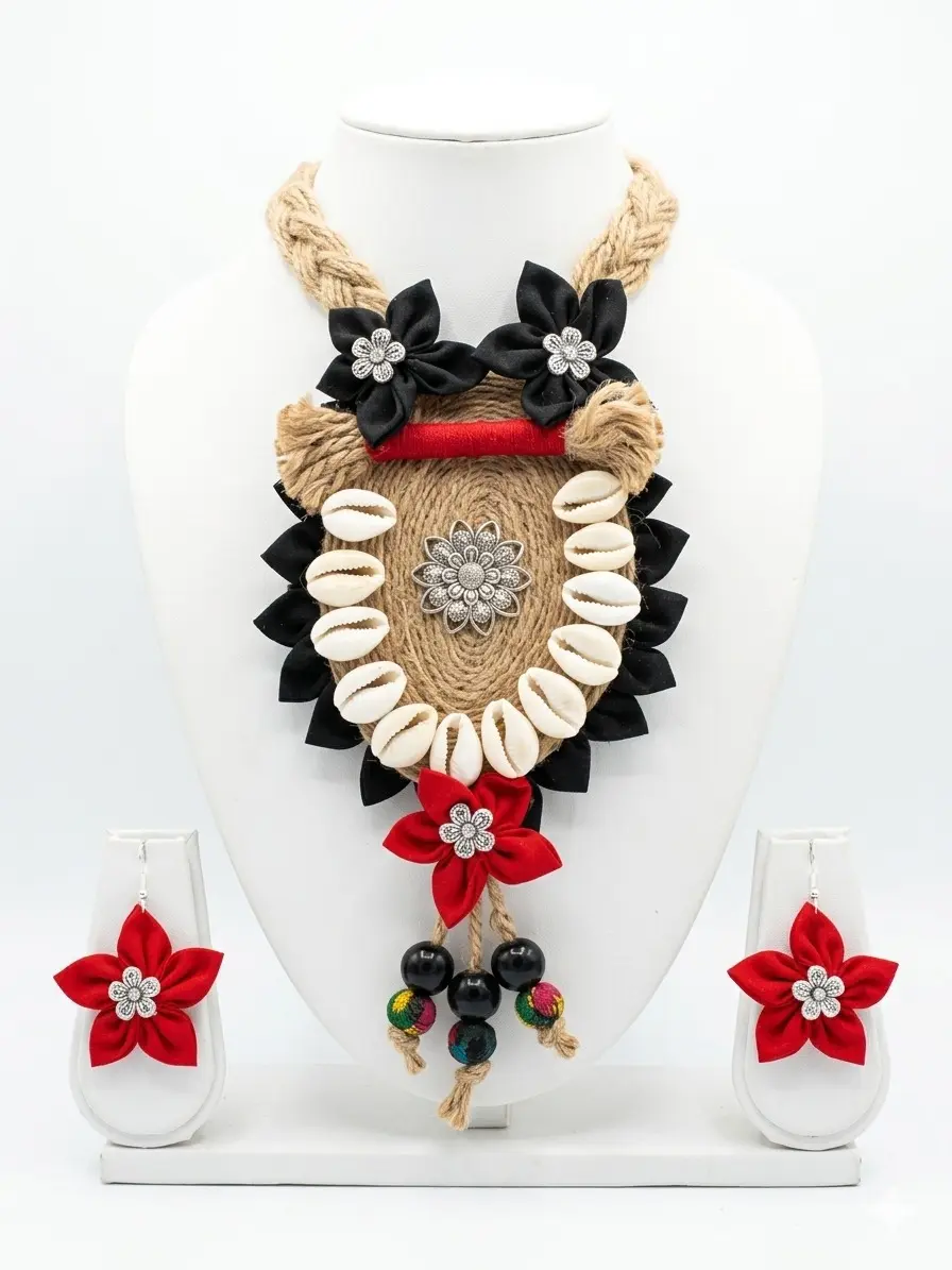 Handmade Jute Necklace | Handmade Cloth Jewellery Set | Cowrie Shell Jewelry  Necklace with Earrings |