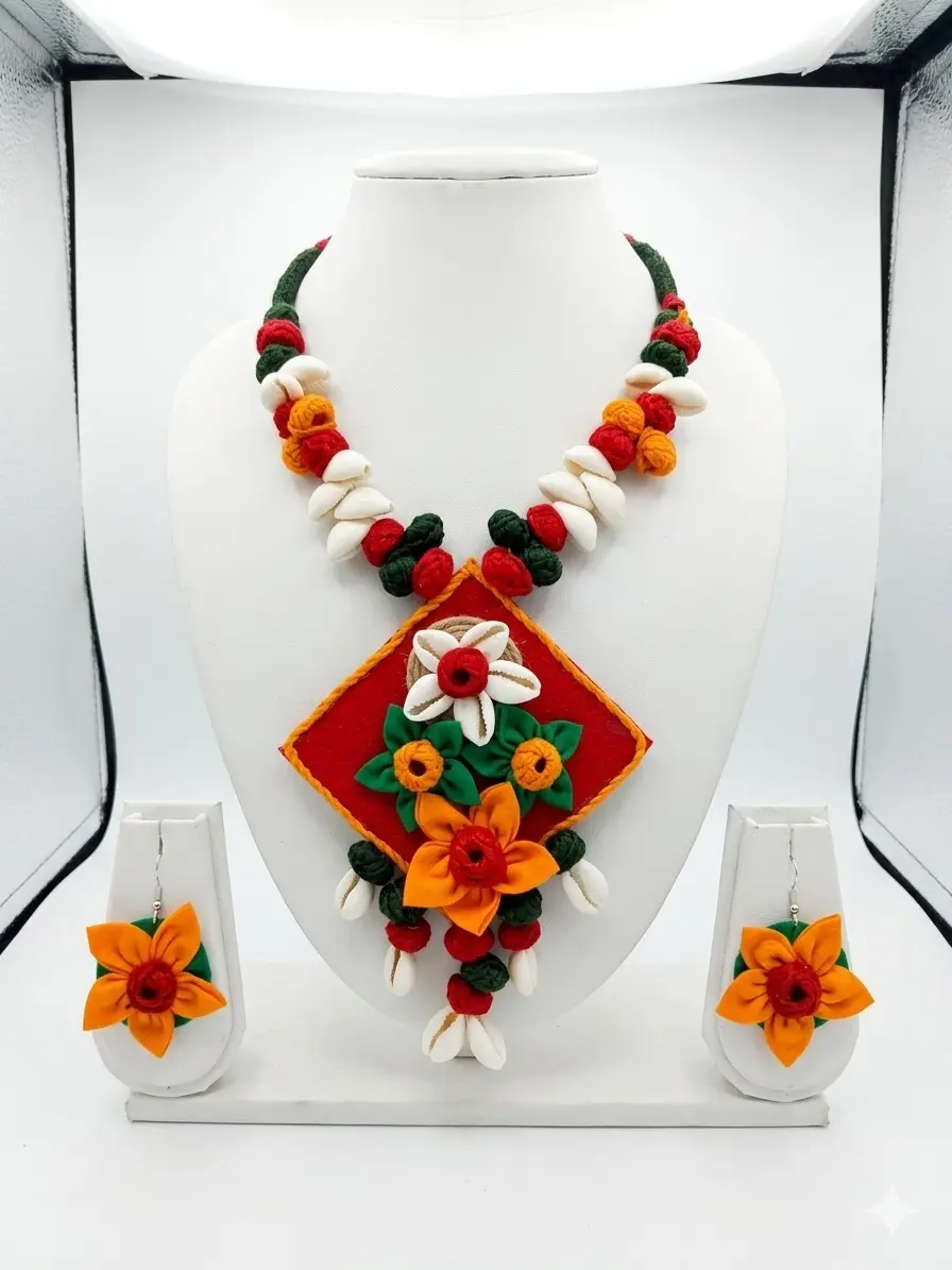 Handmade Bengali jewelry |Handmade Cloth Jewellery Set | Traditional Fabric Necklace with Earrings | Cowrie shell necklace |
