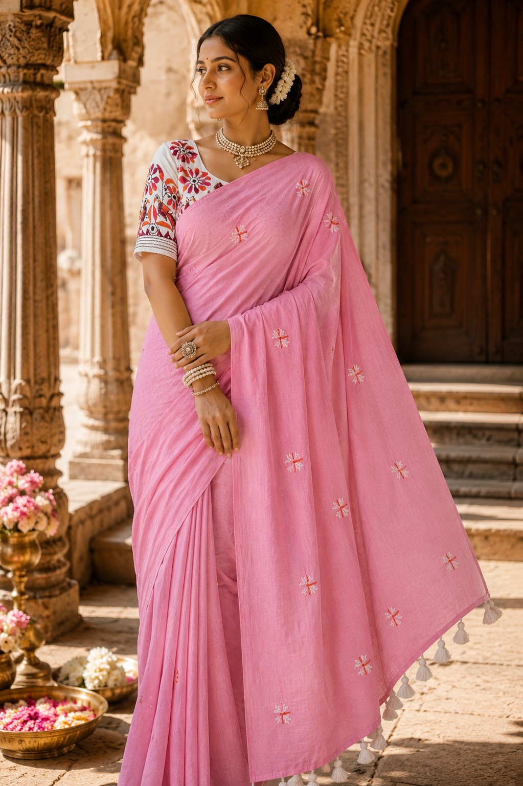 Pink Khadi Cotton Saree with Kantha Stitch Blouse Piece for Women| Pink Khadi Cotton Saree| Daily Wear Cotton Saree|