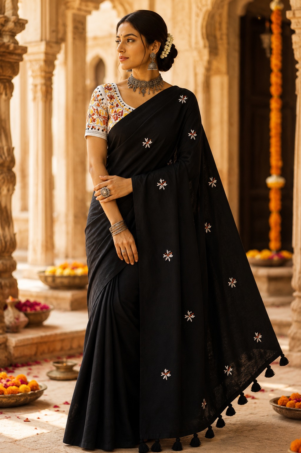 Handloom saree|Black Cotton Saree for Women| Jet Black Pure Cotton Khadi Saree with Traditional Santiniketan Kantha Stitch Work |