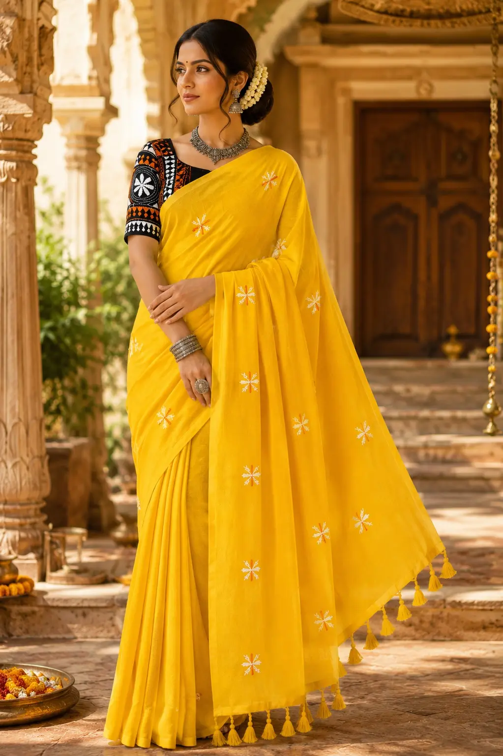 Yellow Khadi Cotton Saree with Shantiniketan Kantha Stitch Blouse | Handloom Saree for Women | Craftzone