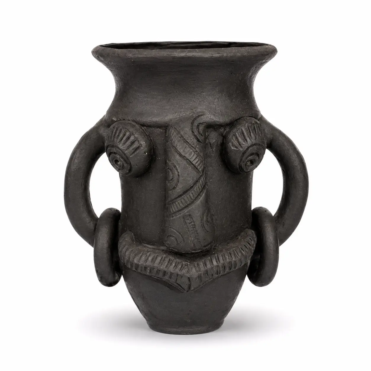CraftZone Handcrafted Terracotta Tribal Face Vase for Home Décor | Matte Black Decorative Clay Pot with Dual Handles | Ethnic Tabletop Planter for Dry Flowers, Living Room | Office & Gifting | Pack of 1