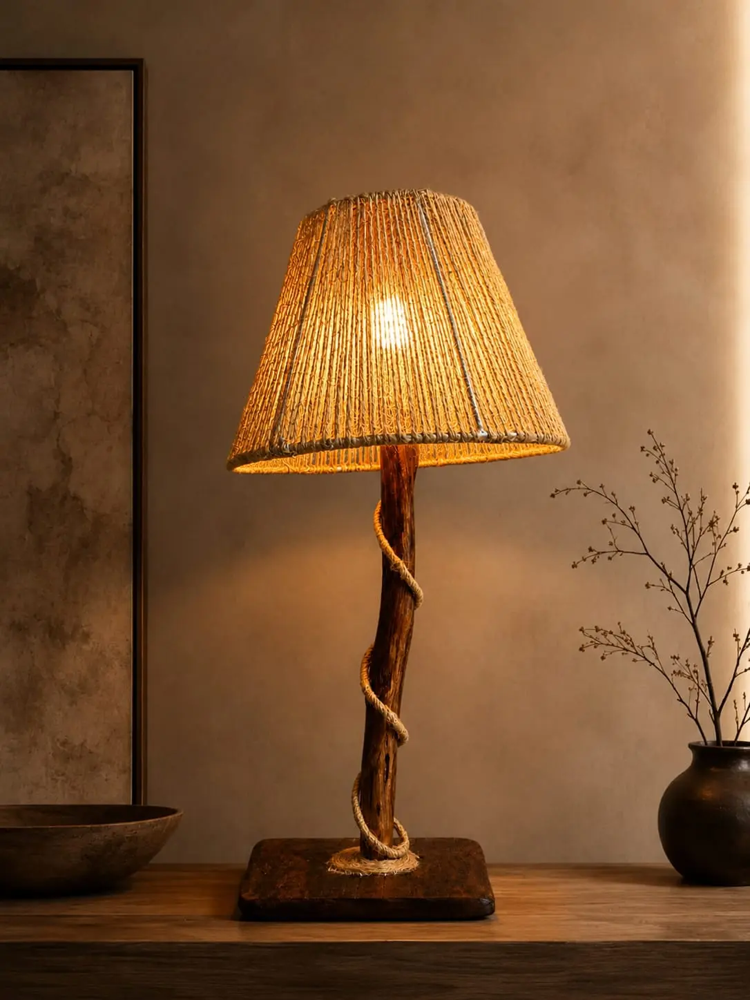 Wooden table lamp with jute shade | Handmade wooden table lamp | Natural wood table lamp with rope wrapped stand | Living room decor lamp | Study table lamp |Home decor lighting rustic