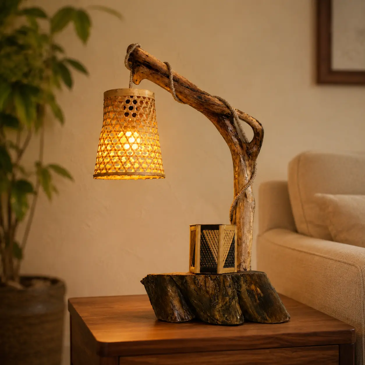 handcrafted wooden branch lamp | wooden branch lamp | rattan bamboo shade lamp | rustic wood root base lamp | wooden tree branch lamp | Rustic Driftwood Root Base Lamp for Living Room & Bedroom | sculptural & artistic branch lamp