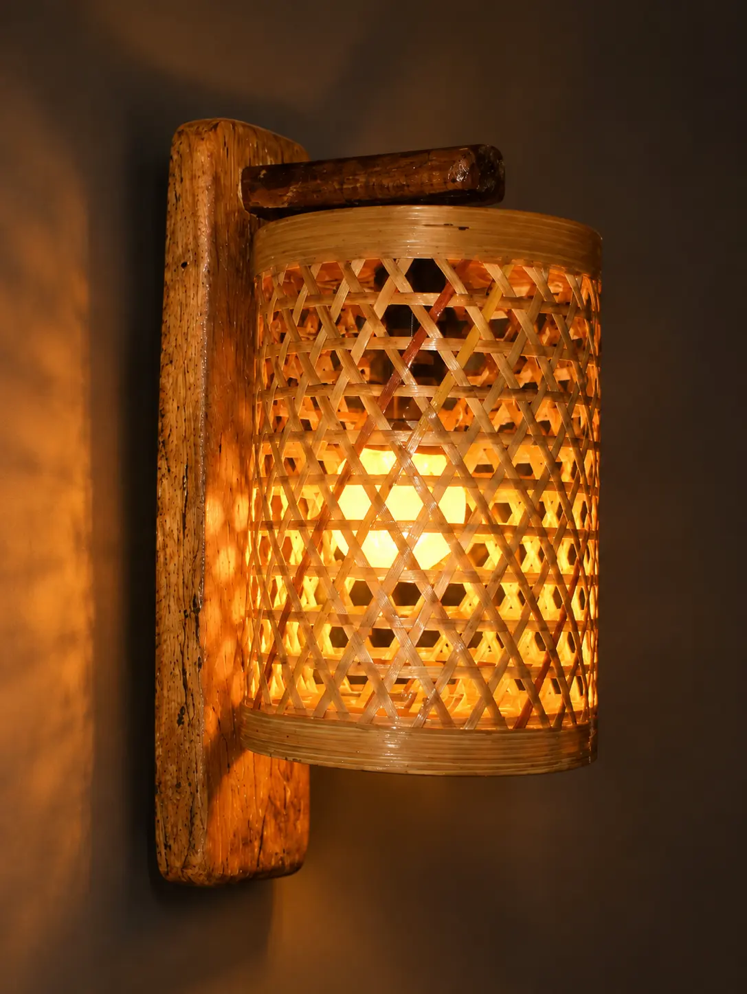 Handcrafted Wooden Wall Lamp with Handwoven Bamboo Shade | Rustic Cylindrical Wall Lamp | Boho Rattan Wall lamp for Bedroom/Balcony/Living Room/Outdoor