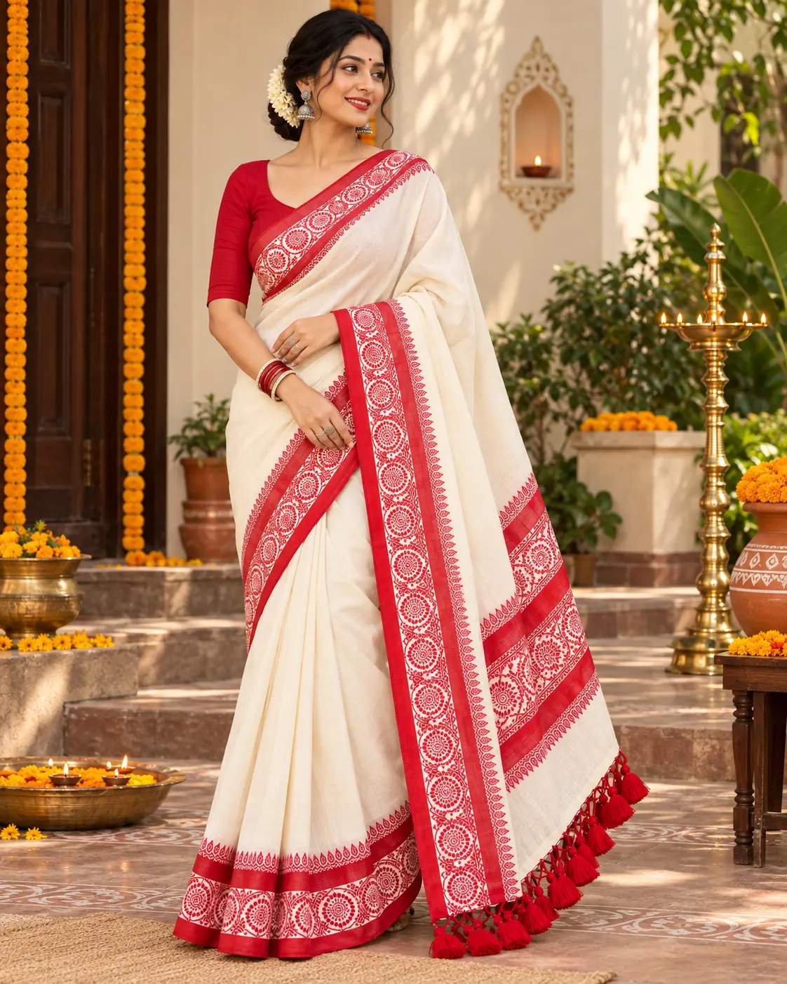 Red and White Saree with Blouse Piece | White Saree with Red Border | Durga Puja Special Saree | Mul Cotton Saree