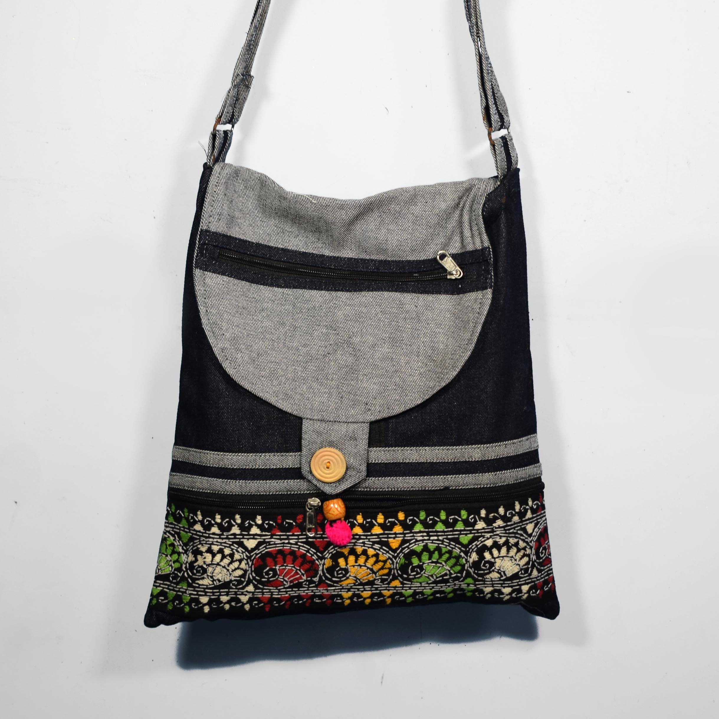 Classic Unisex Denim Messenger Crossbody Shoulder Sling / Jhola Large Bag  with Embroidery Work
