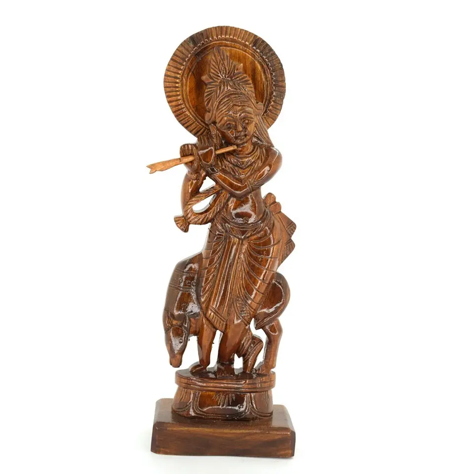 Wooden Krishna Statue | Krishna Flute Statue | Handcarved Krishna Idol | Krishna Cow Statue | Wooden God Idol  Krishna Murti | Pooja Room Idol | Wooden Hindu Statue | Janmashtami Gift Idol | Diwali Gift Statue